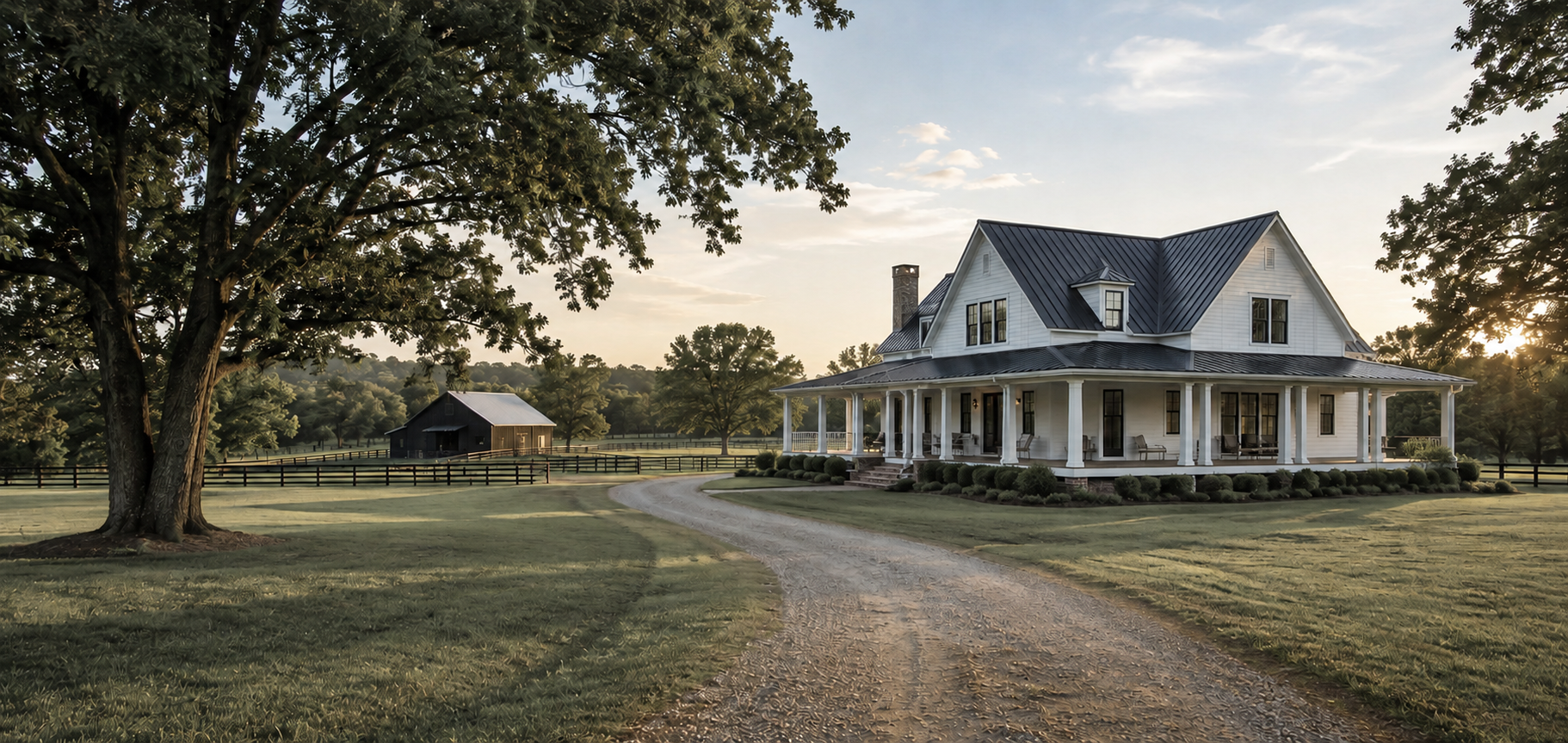 White farmhouse estate with pasture and barn in Northeast Alabama